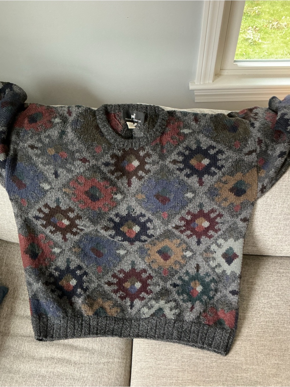 Peruvian Connection Men's Gray Crewneck Sweater with Multicolor Geometric Motif